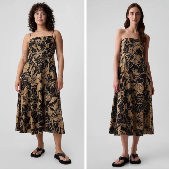 GAP Dresses & Skirts - Gap Linen Floral Midi Dress Brown & Black With Removable Straps Small H66-809